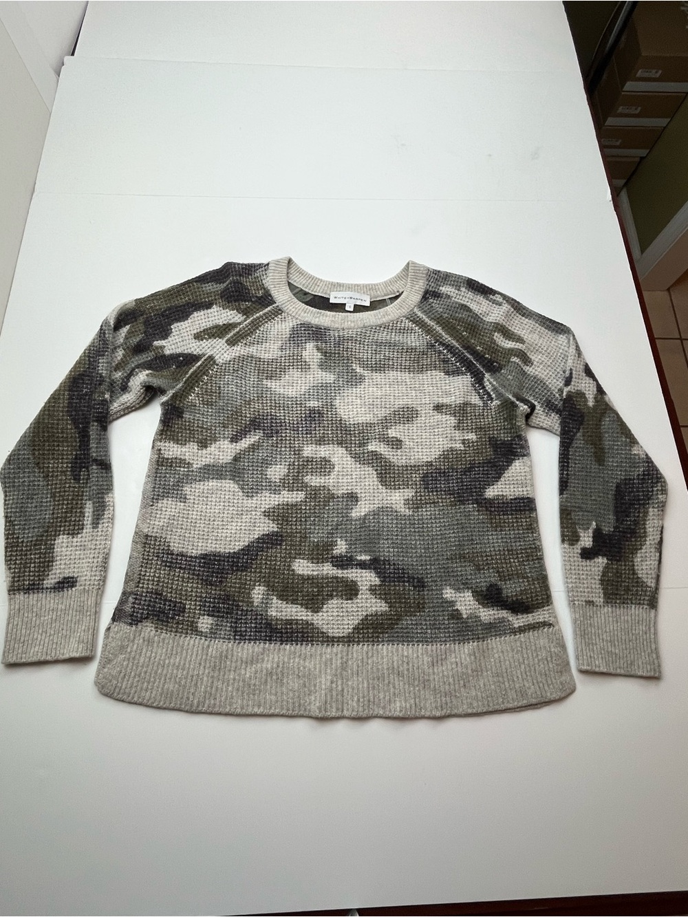 White + Warren Cashmere Sweater Camo Camouflage Green Gray Waffle Women Small